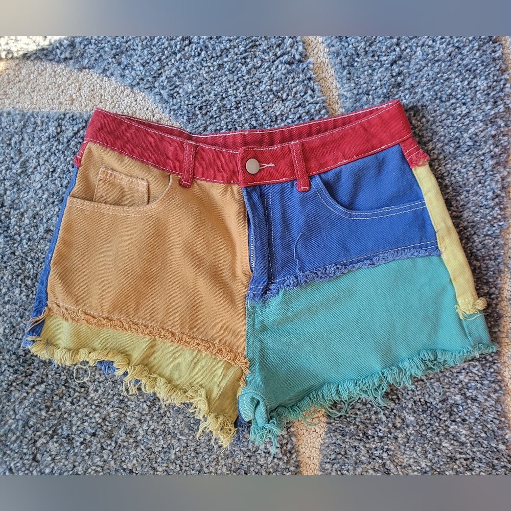 SHEIN Multicolor Patchwork Jean Shorts, Women's Large [Runs Small]